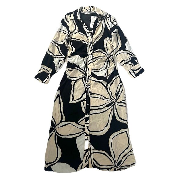 NWT Zara Ecru Black White Printed Ruched Detail Button Front Maxi Dress Womens L - Picture 2 of 5